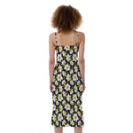 White Daffodil Flower Pattern Print Slim Fit Midi Cami Dress