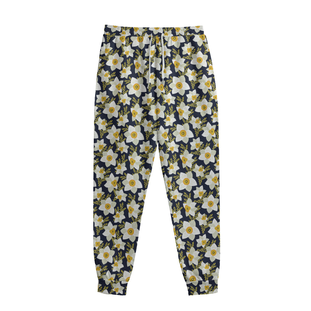 White Daffodil Flower Pattern Print Sweatpants