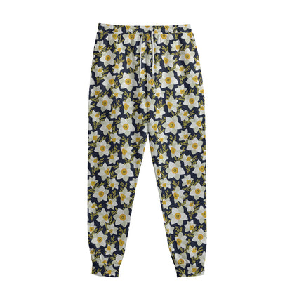 White Daffodil Flower Pattern Print Sweatpants