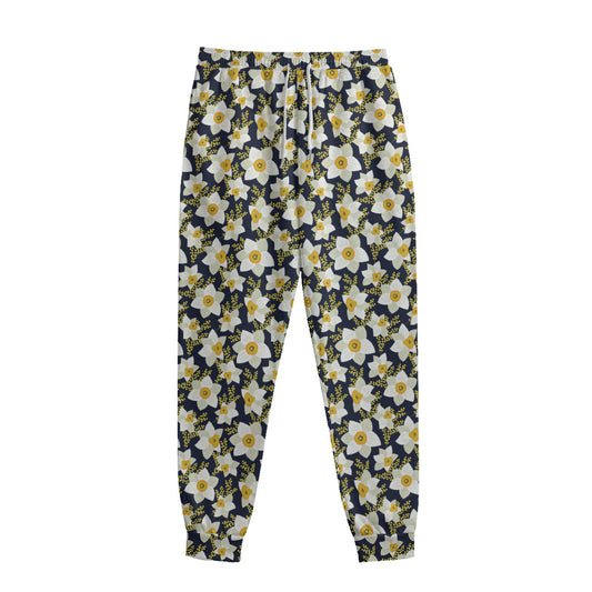 White Daffodil Flower Pattern Print Sweatpants