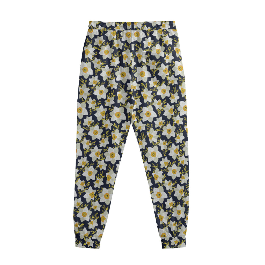 White Daffodil Flower Pattern Print Sweatpants
