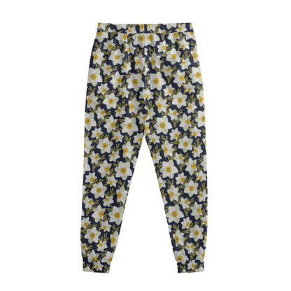 White Daffodil Flower Pattern Print Sweatpants