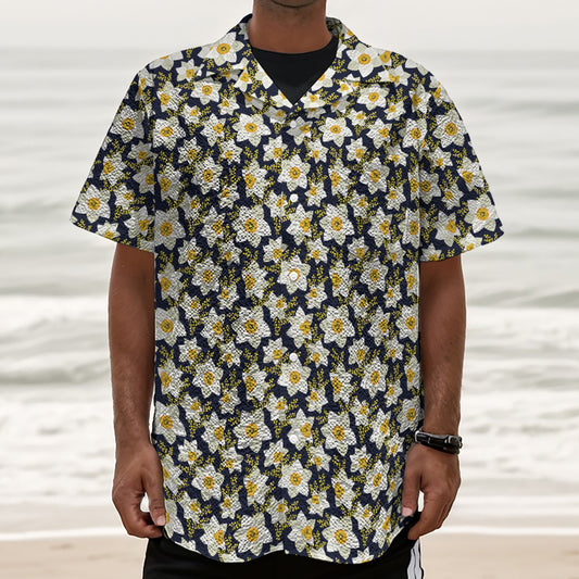 White Daffodil Flower Pattern Print Textured Short Sleeve Shirt