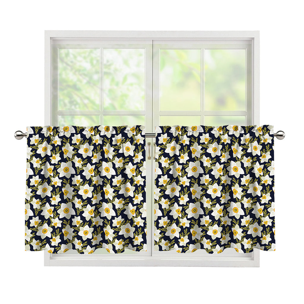 White Daffodil Flower Pattern Print Tier Curtains