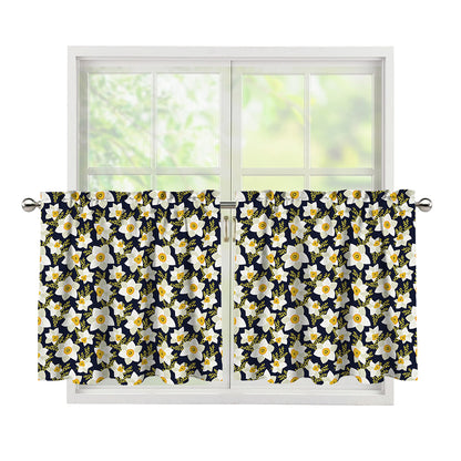 White Daffodil Flower Pattern Print Tier Curtains