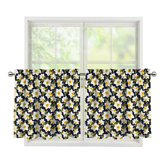 White Daffodil Flower Pattern Print Tier Curtains