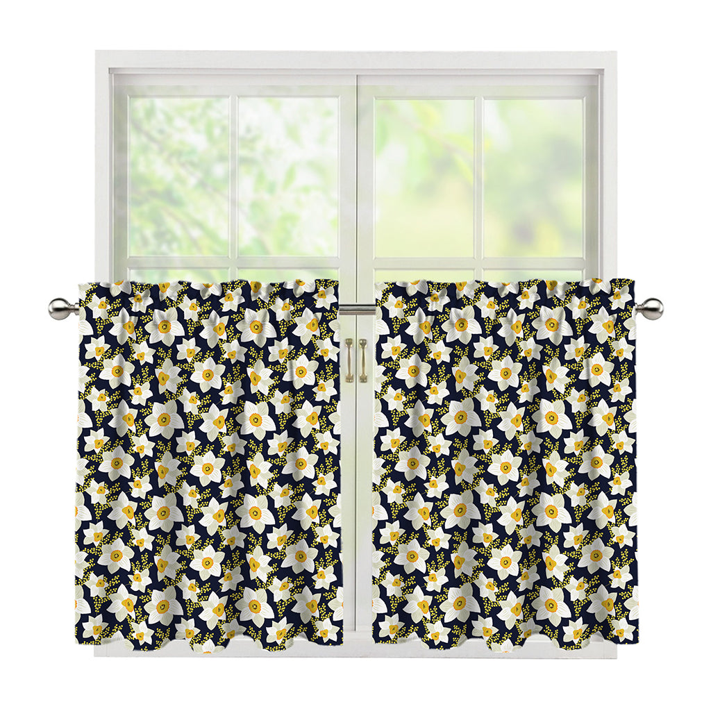 White Daffodil Flower Pattern Print Tier Curtains