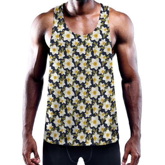 White Daffodil Flower Pattern Print Training Tank Top