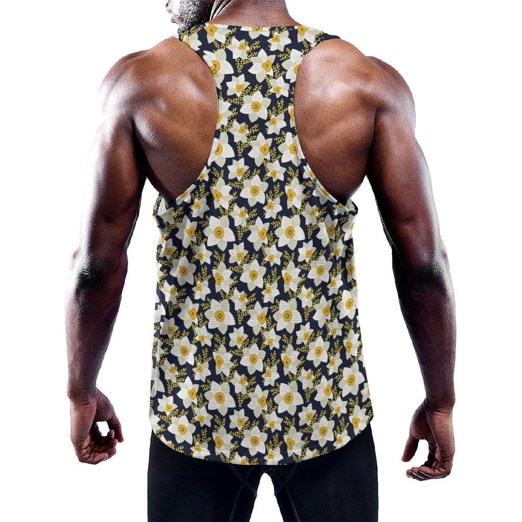 White Daffodil Flower Pattern Print Training Tank Top