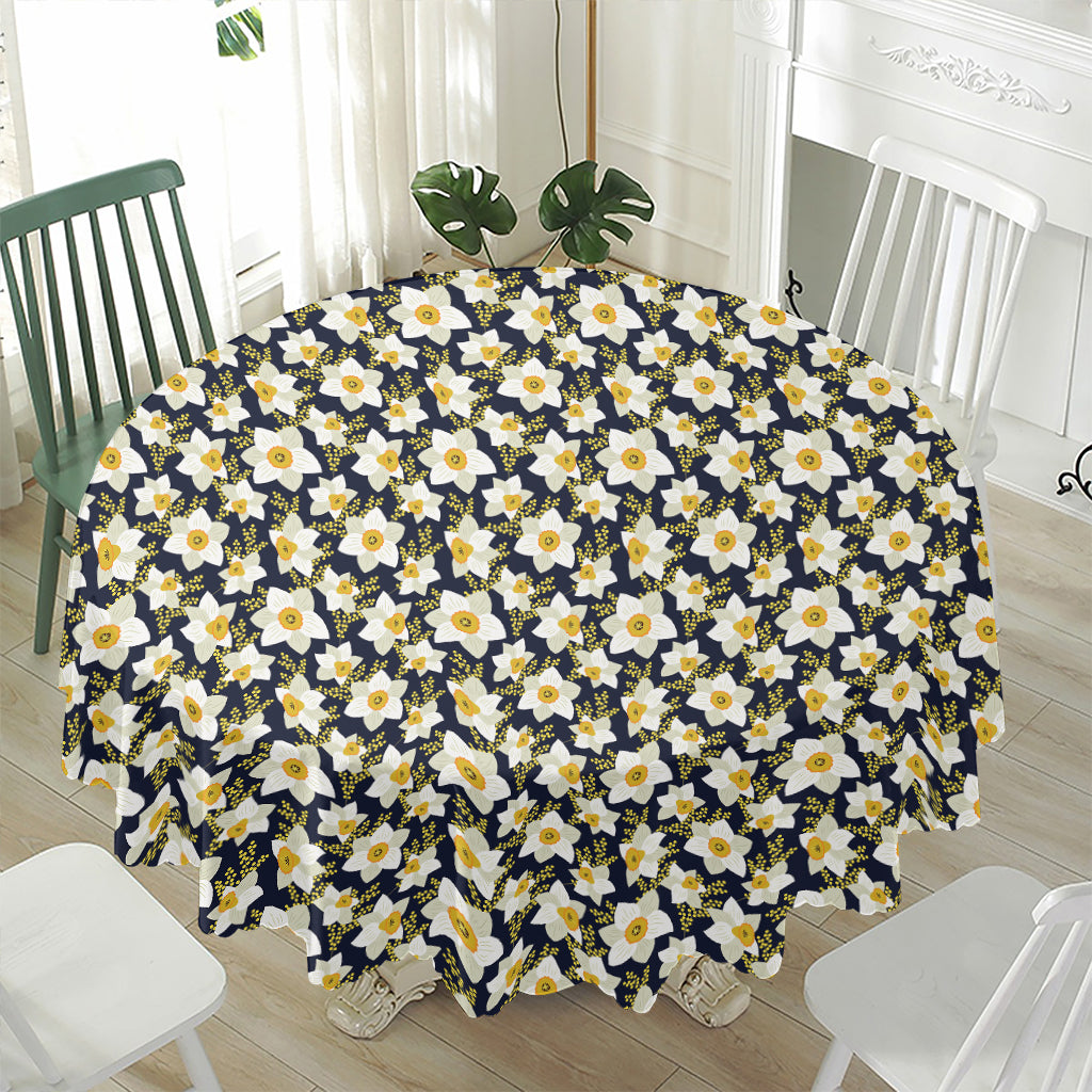 White Daffodil Flower Pattern Print Waterproof Round Tablecloth