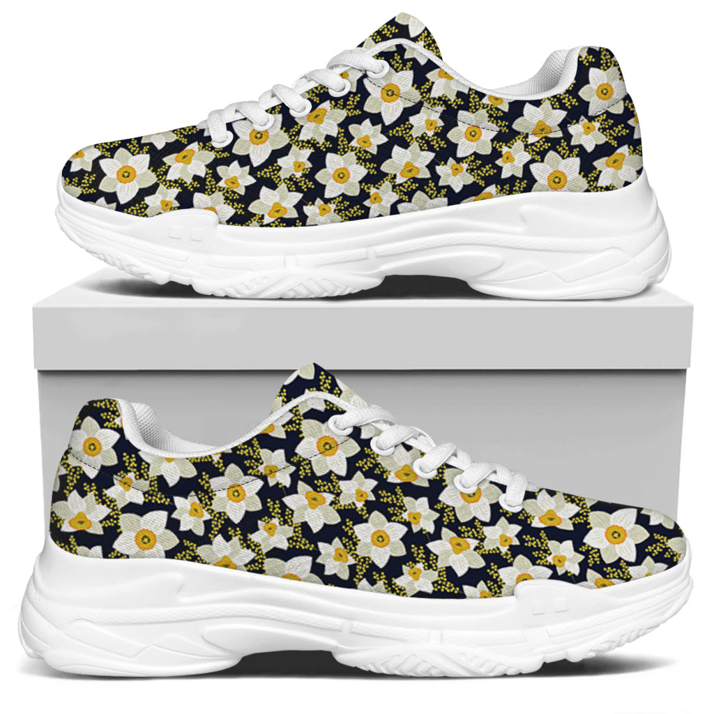 White Daffodil Flower Pattern Print White Chunky Shoes