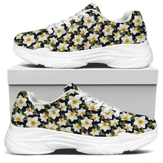 White Daffodil Flower Pattern Print White Chunky Shoes