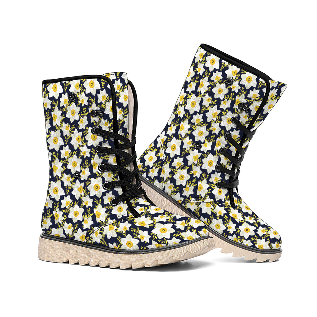 White Daffodil Flower Pattern Print Winter Boots