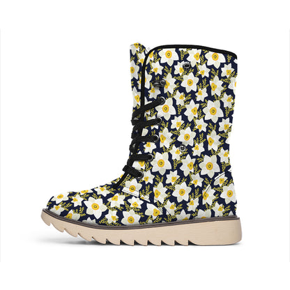 White Daffodil Flower Pattern Print Winter Boots