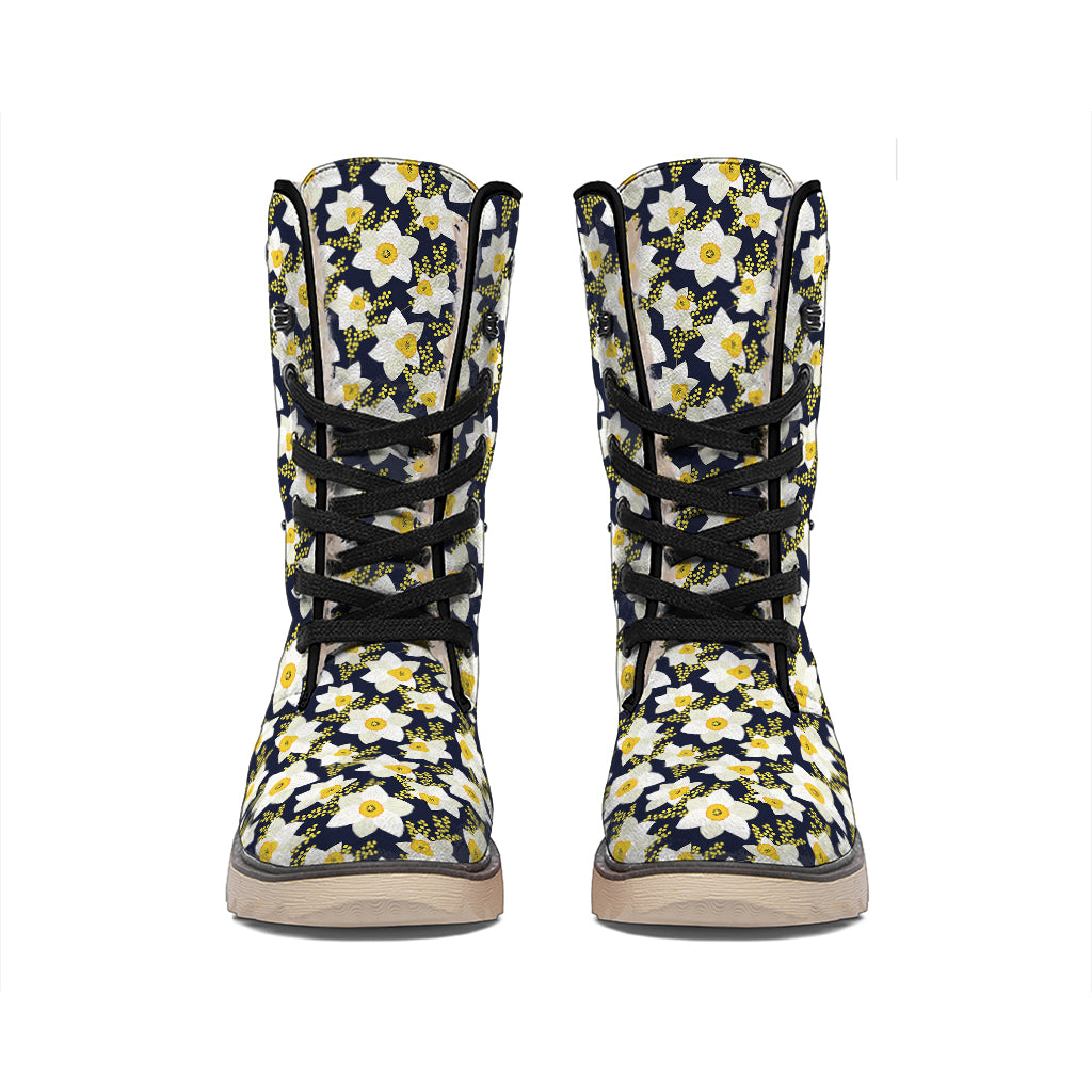 White Daffodil Flower Pattern Print Winter Boots