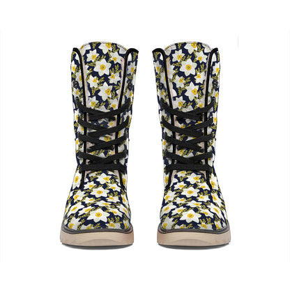 White Daffodil Flower Pattern Print Winter Boots