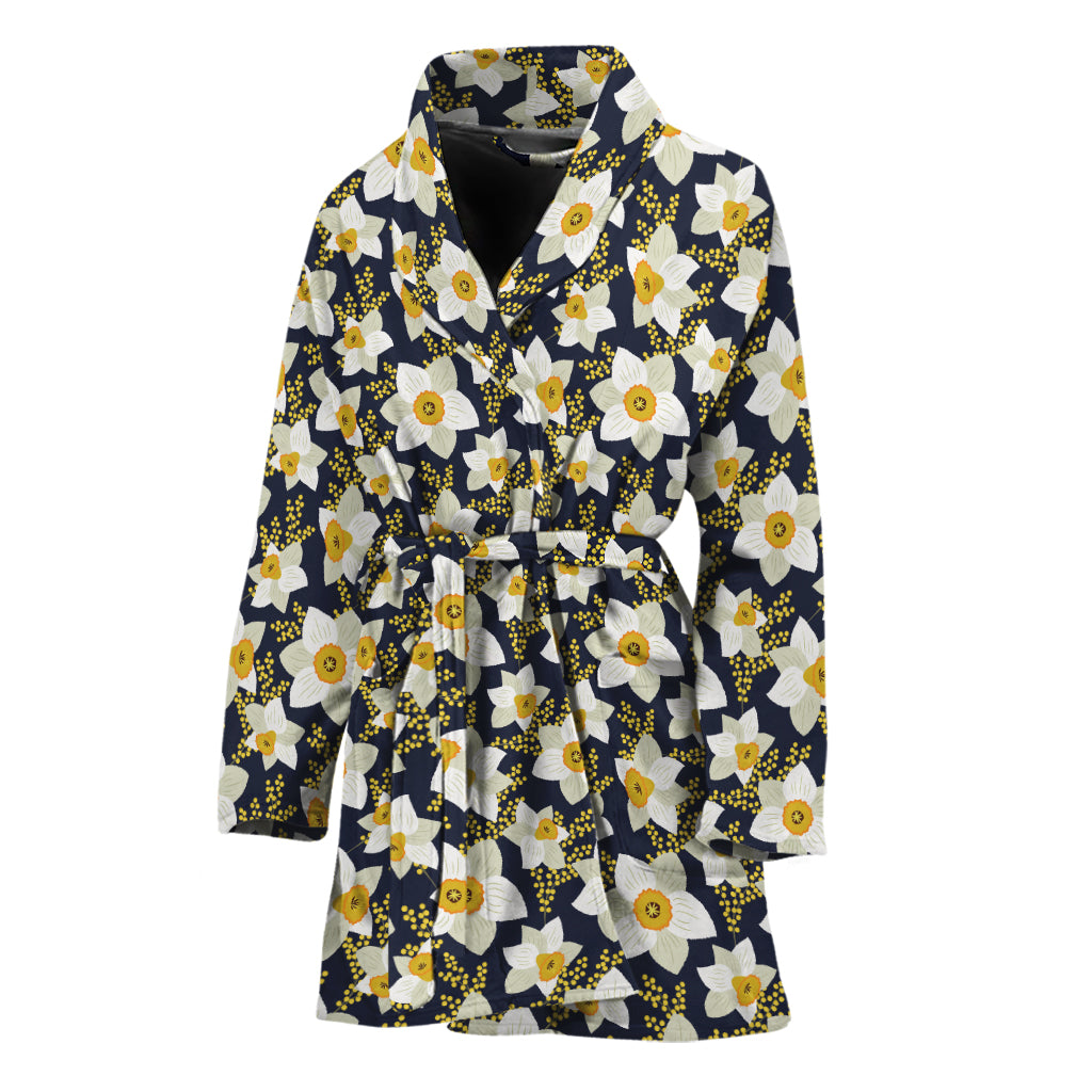 White Daffodil Flower Pattern Print Women's Bathrobe