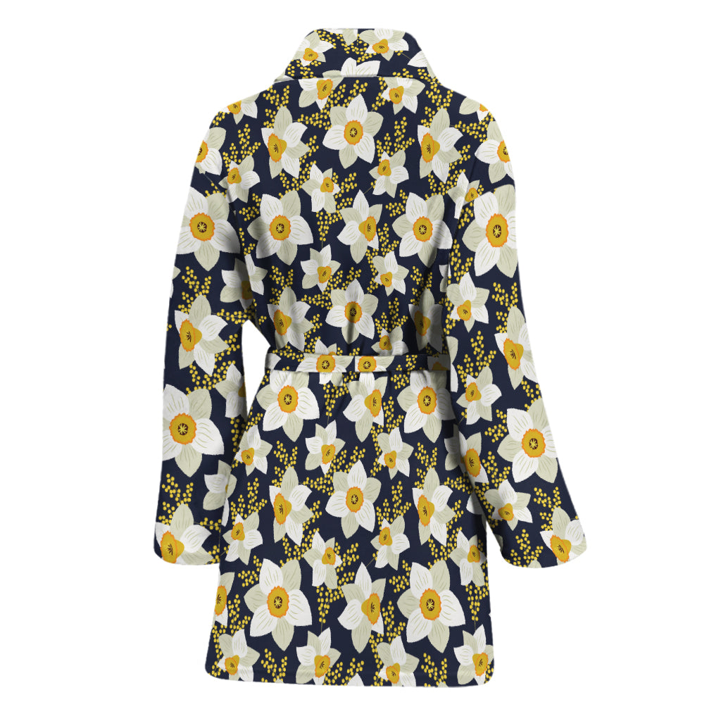White Daffodil Flower Pattern Print Women's Bathrobe