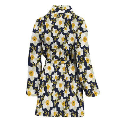 White Daffodil Flower Pattern Print Women's Bathrobe