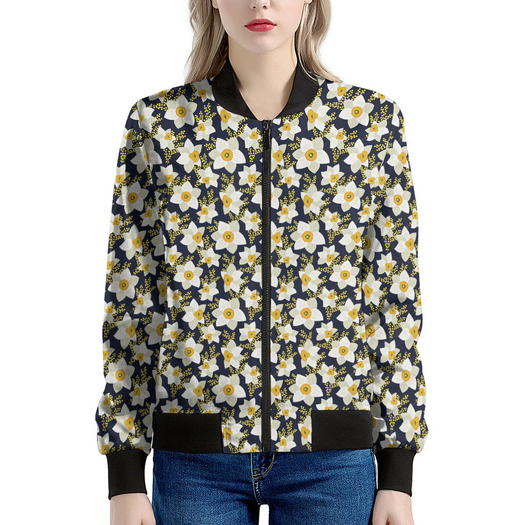 White Daffodil Flower Pattern Print Women's Bomber Jacket
