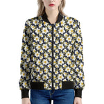 White Daffodil Flower Pattern Print Women's Bomber Jacket