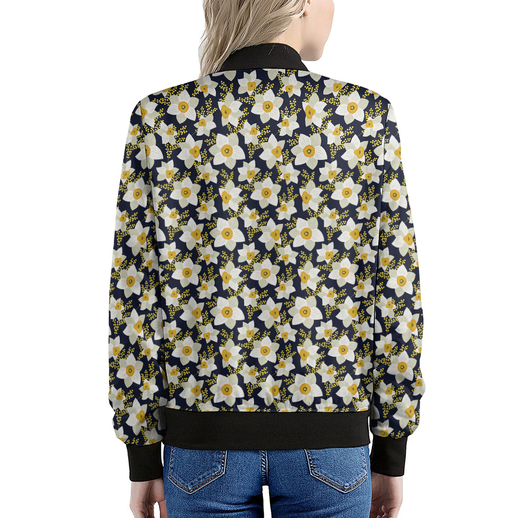 White Daffodil Flower Pattern Print Women's Bomber Jacket