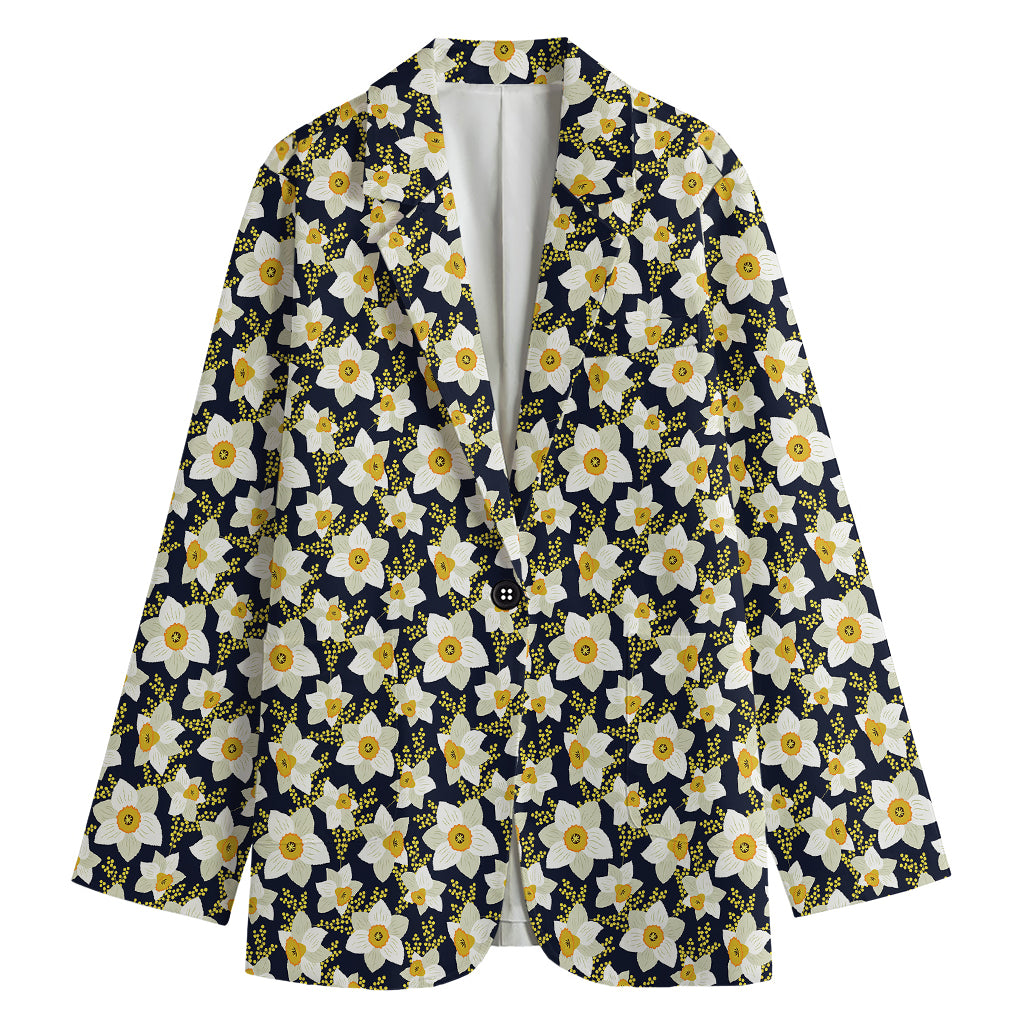 White Daffodil Flower Pattern Print Women's Cotton Blazer