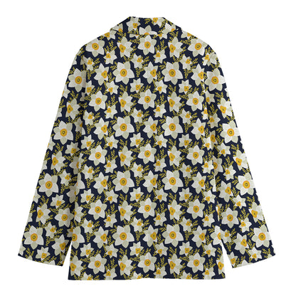 White Daffodil Flower Pattern Print Women's Cotton Blazer
