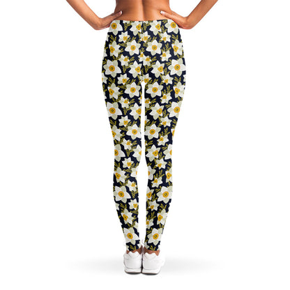 White Daffodil Flower Pattern Print Women's Leggings