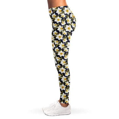 White Daffodil Flower Pattern Print Women's Leggings