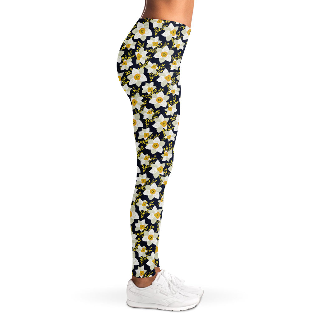 White Daffodil Flower Pattern Print Women's Leggings
