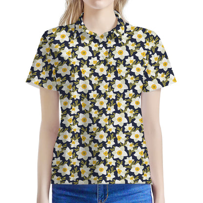 White Daffodil Flower Pattern Print Women's Polo Shirt