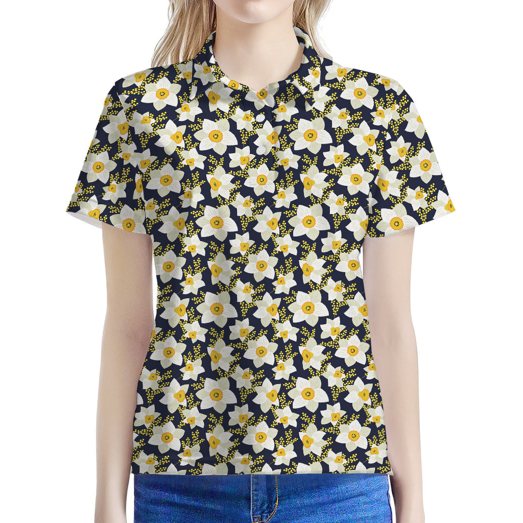 White Daffodil Flower Pattern Print Women's Polo Shirt