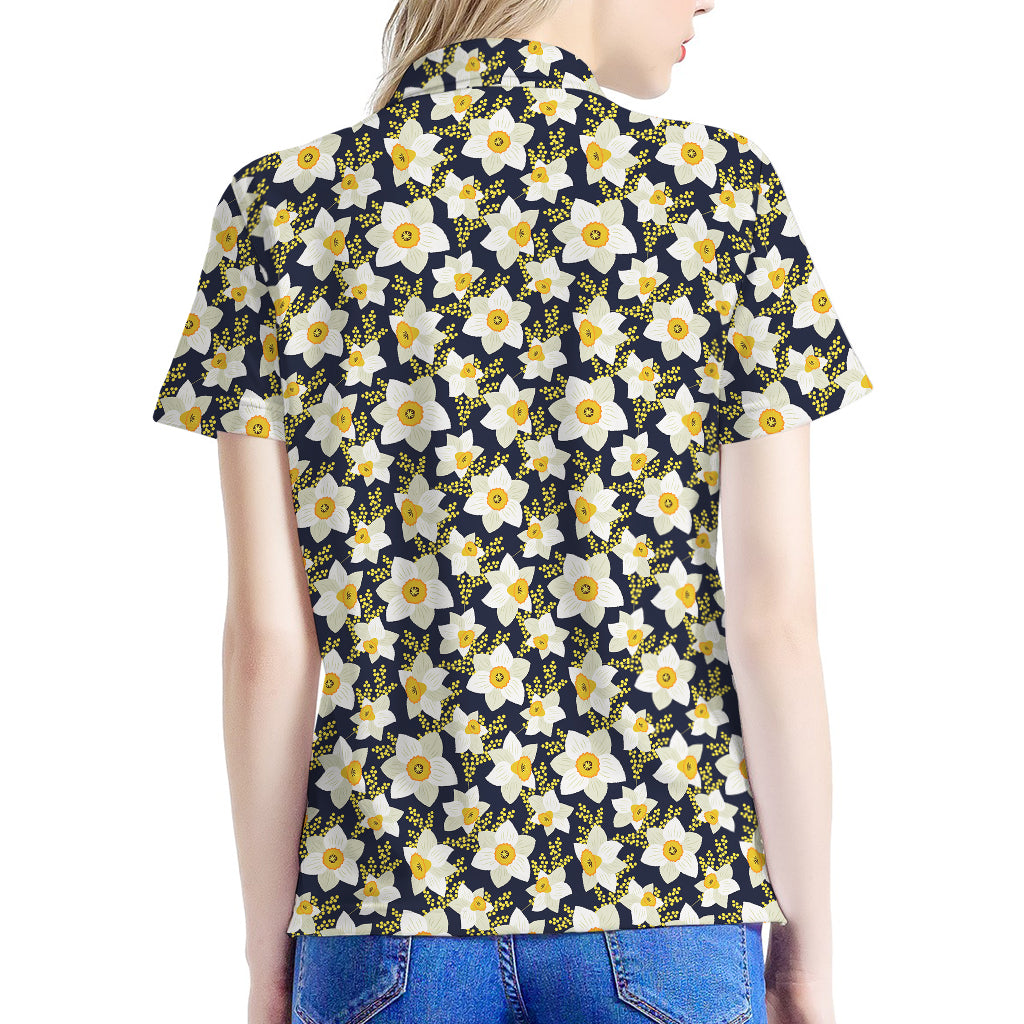 White Daffodil Flower Pattern Print Women's Polo Shirt