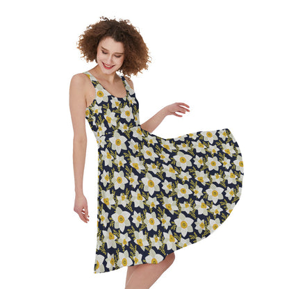 White Daffodil Flower Pattern Print Women's Sleeveless Dress