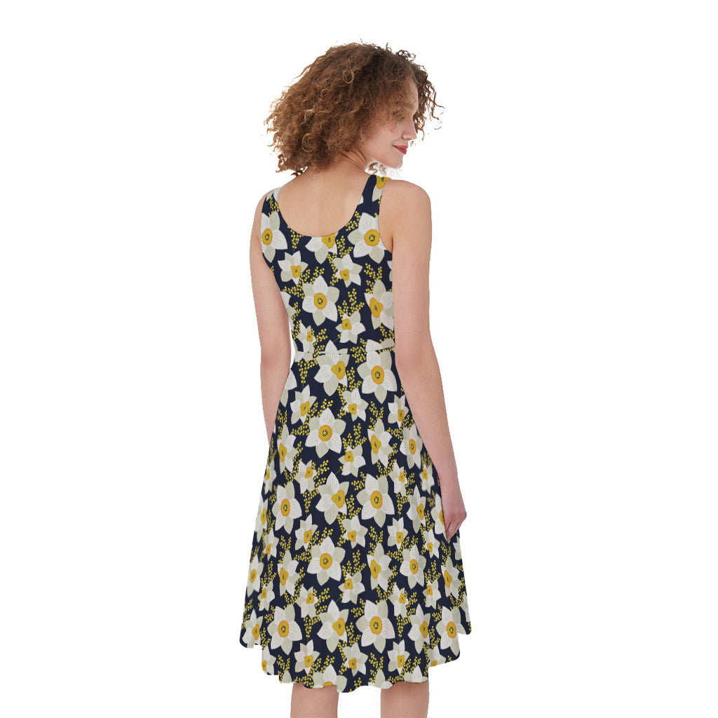 White Daffodil Flower Pattern Print Women's Sleeveless Dress