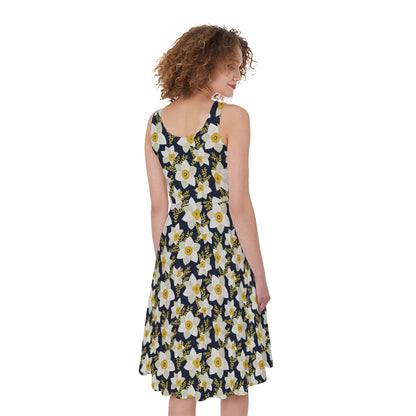 White Daffodil Flower Pattern Print Women's Sleeveless Dress