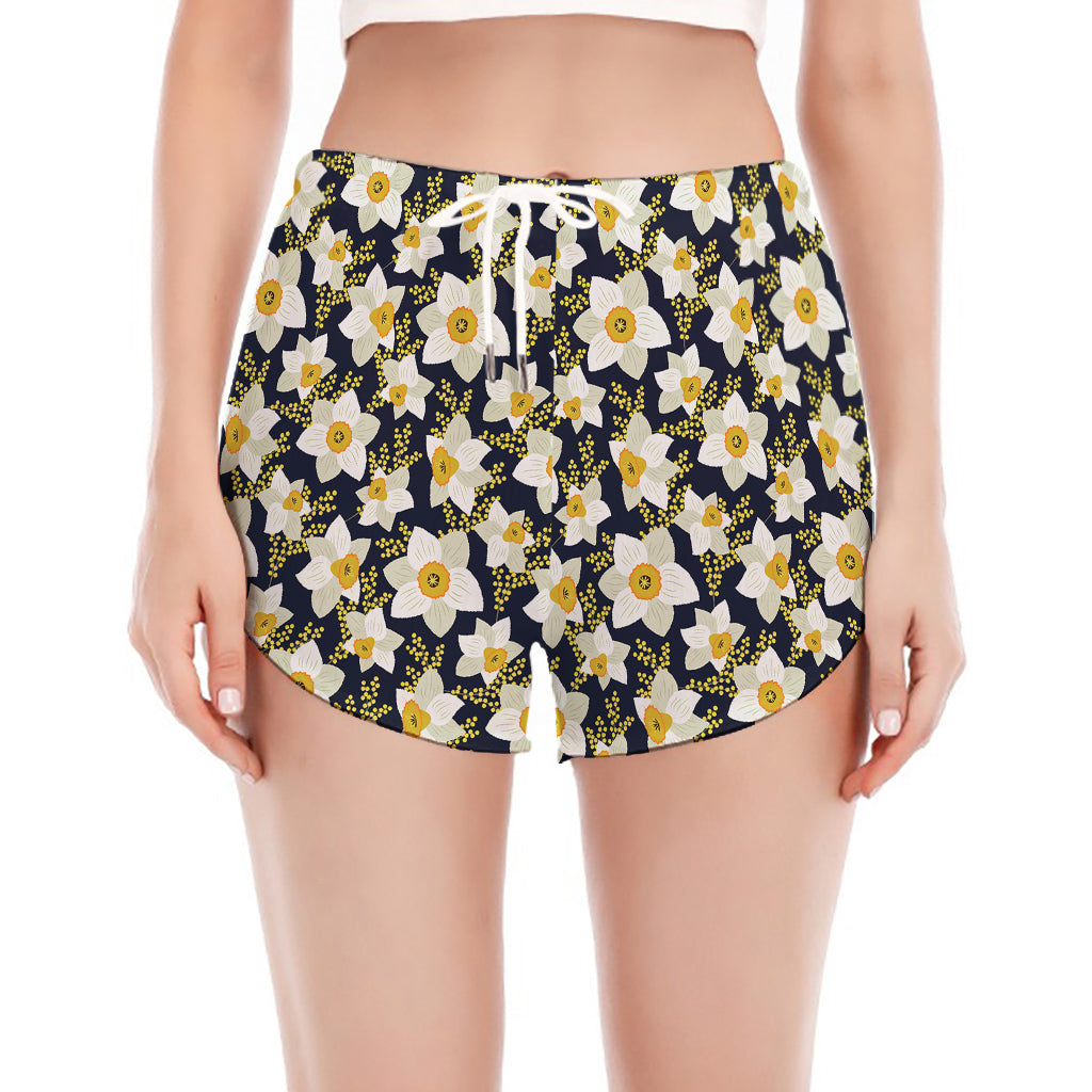 White Daffodil Flower Pattern Print Women's Split Running Shorts