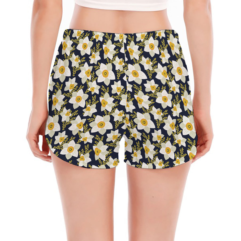 White Daffodil Flower Pattern Print Women's Split Running Shorts
