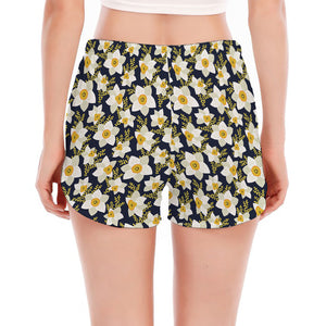 White Daffodil Flower Pattern Print Women's Split Running Shorts