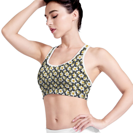 White Daffodil Flower Pattern Print Women's Sports Bra