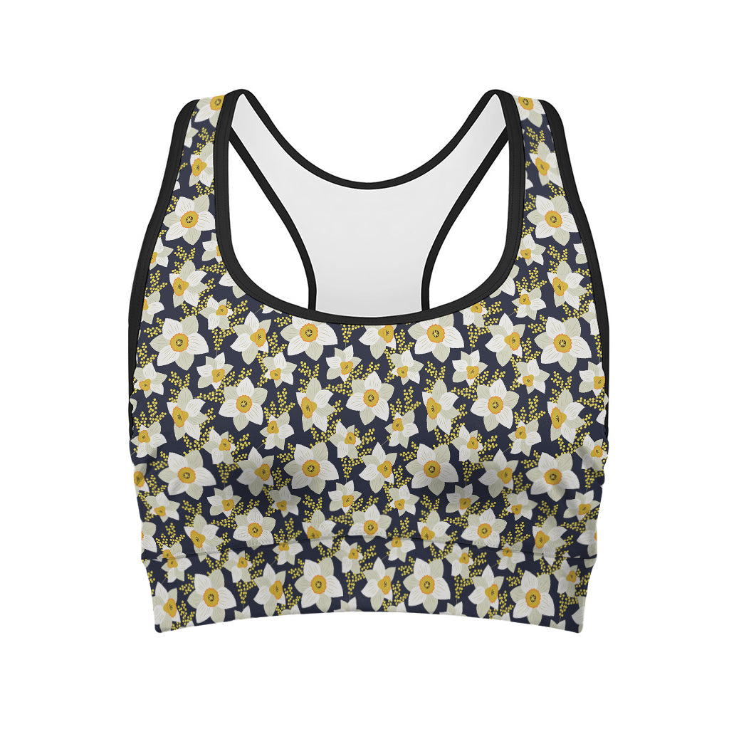 White Daffodil Flower Pattern Print Women's Sports Bra
