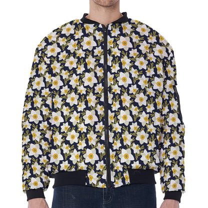 White Daffodil Flower Pattern Print Zip Sleeve Bomber Jacket