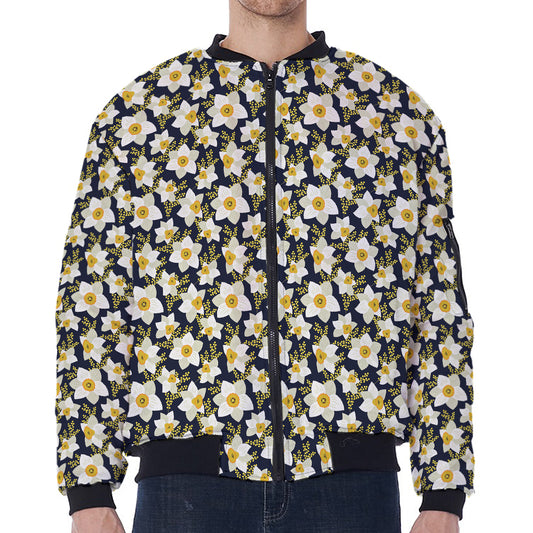 White Daffodil Flower Pattern Print Zip Sleeve Bomber Jacket