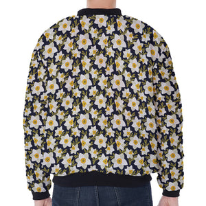 White Daffodil Flower Pattern Print Zip Sleeve Bomber Jacket