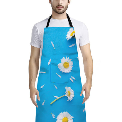 White Daisy Flower Print Bib Apron With Pocket