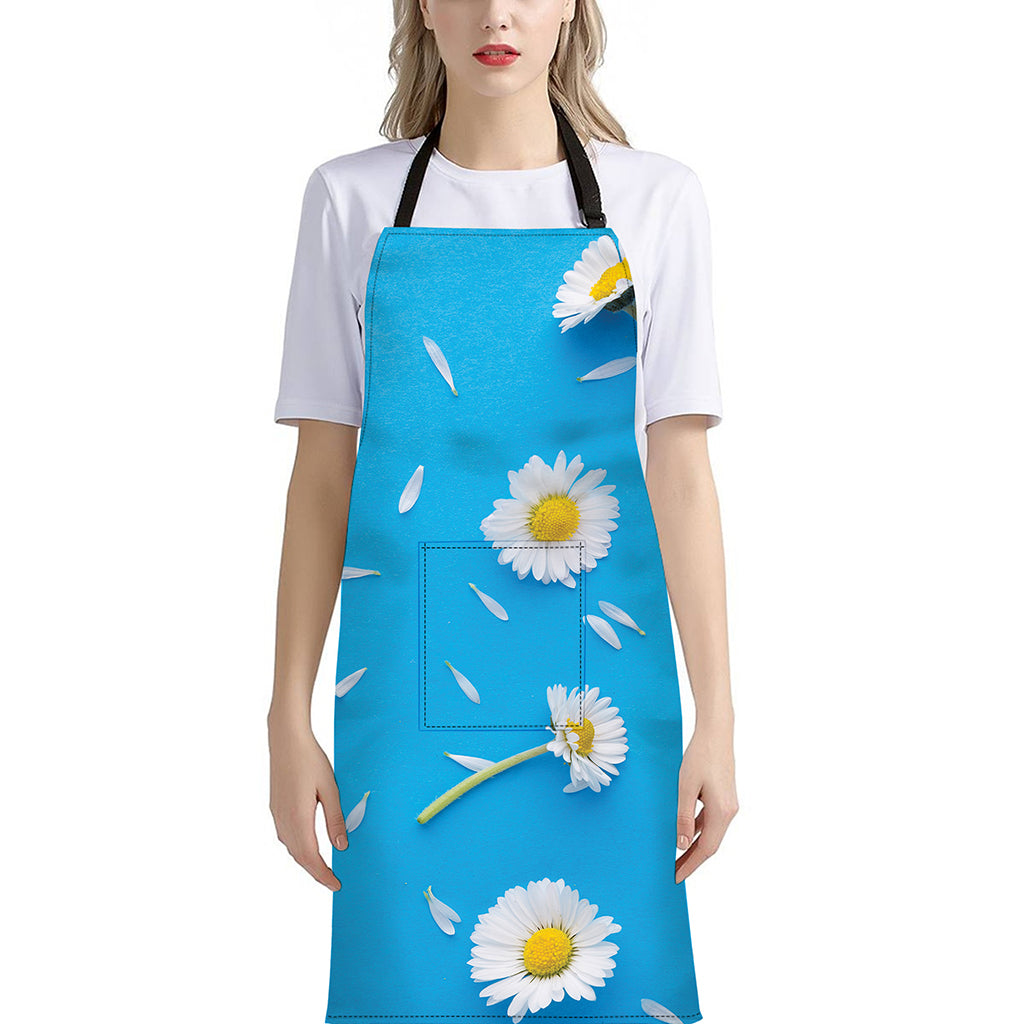 White Daisy Flower Print Bib Apron With Pocket