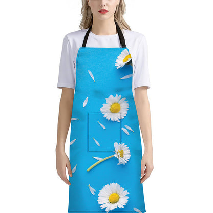 White Daisy Flower Print Bib Apron With Pocket