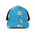 White Daisy Flower Print Black Mesh Trucker Cap