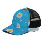 White Daisy Flower Print Black Mesh Trucker Cap